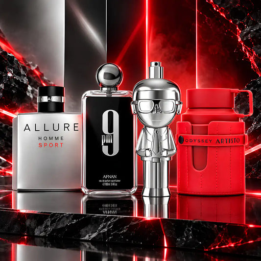 INCLUYE: ALLURE HOMME SPORT · AFNAN 9 PM · Karl Lagerfeld · ARMAF ODYSSEY ARTISTO