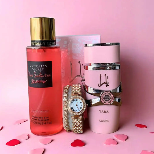 COMBO MUJER: YARA ROSA + SPLAHS 200ML + RELOJ Y PULSERA