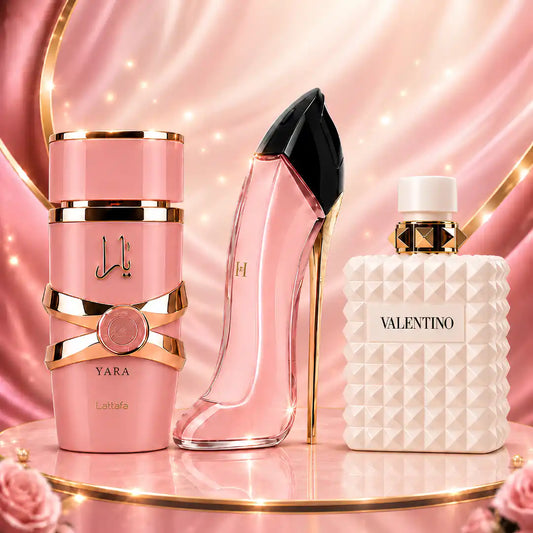 INCLUYE: Yara de Lattafa🩷Good Girl Blush🖤Valentino Donna Born in Roma Ivory🤍